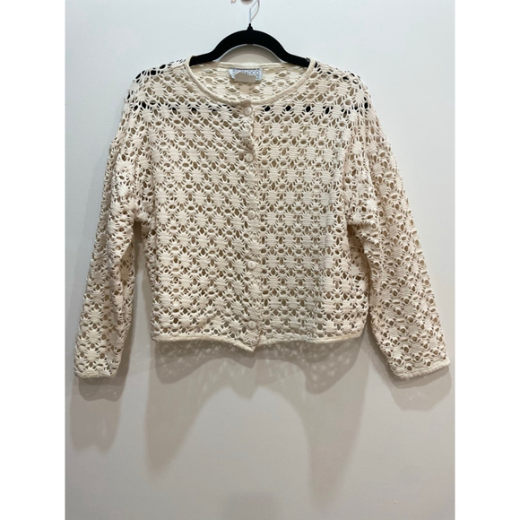 Vintage Sweaters - Simpatico Vintage 90s Y2K Open Mesh Cream Cardigan L Coachella Cottagecore Clean